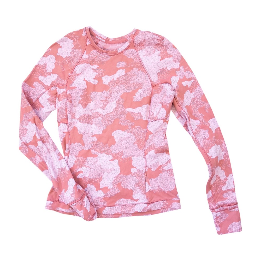 Lululemon Pink Camo Fleece Lined Long Sleeve Shirt Thumbholes Size 6